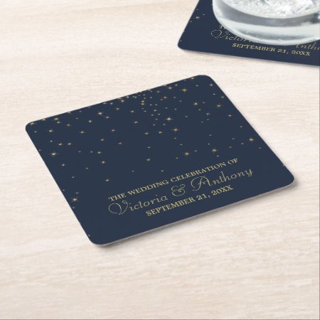 Elegant Navy & Gold Falling Stars Wedding Square Paper Coaster