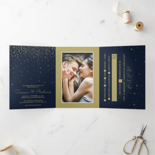 Elegant Navy  Gold Falling Stars Wedding Suite Tri_Fold Invitation