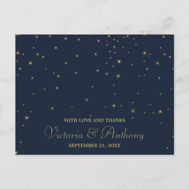 Elegant Navy & Gold Falling Stars Wedding Thanks Postcard (Front)