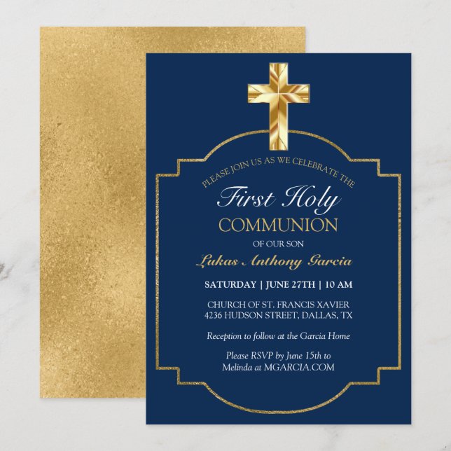 Elegant Navy Gold First Holy Communion Invitation (Front/Back)