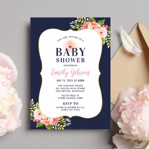 Elegant Navy Gold Floral Baby Girl Shower Invitation