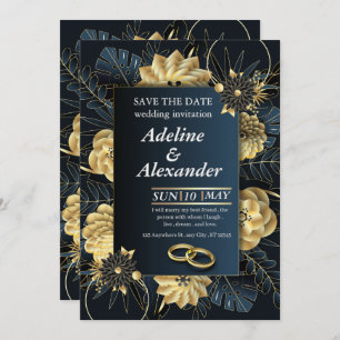 Elegant Navy Gold Floral Wedding Invitation