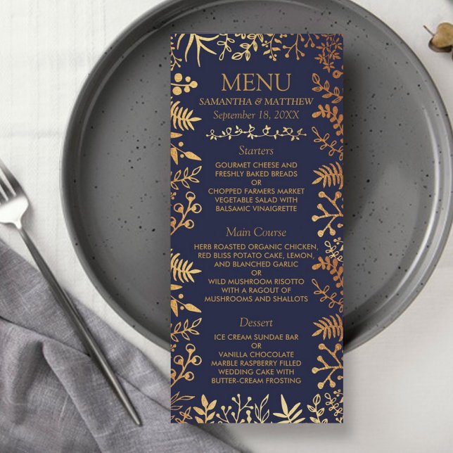 Elegant Navy & Gold Floral Wedding Menu (Creator Uploaded)