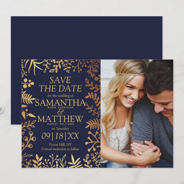 Elegant Navy & Gold Floral Wedding Photo Save The Date (Front/Back)