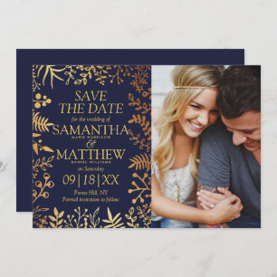 Elegant Navy & Gold Floral Wedding Photo Save The Date