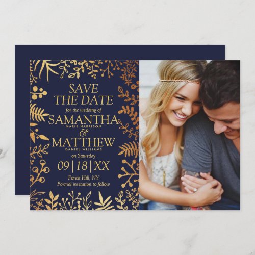 Elegant Navy  Gold Floral Wedding Photo Save The Date