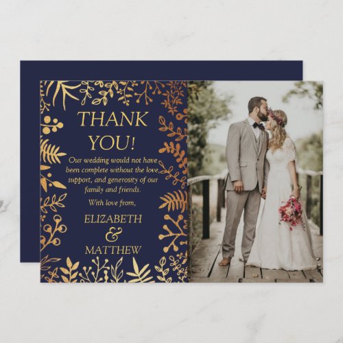 Elegant Navy  Gold Floral Wedding Photo Thank You Card