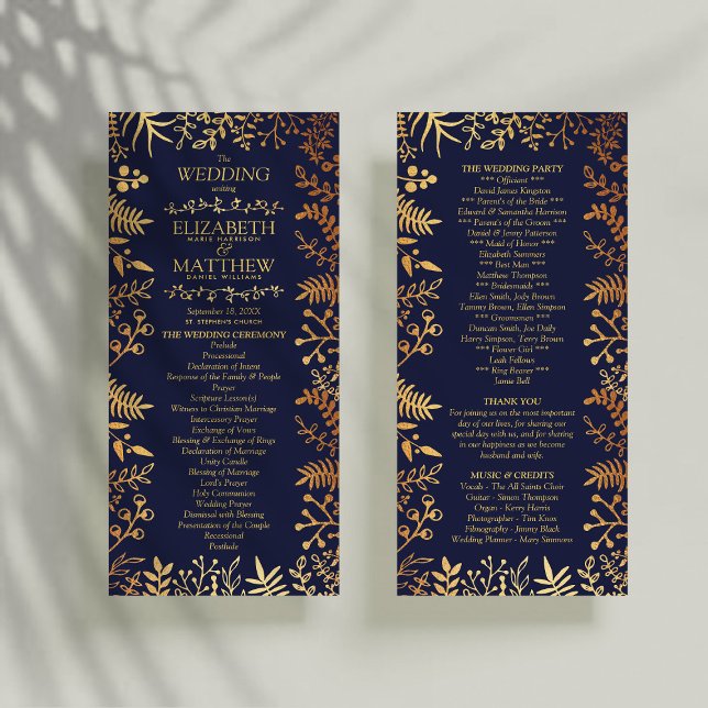Elegant Navy & Gold Floral Wedding Program (Creator Uploaded)