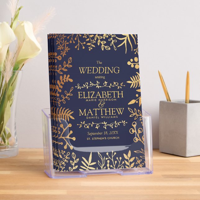 Elegant Navy & Gold Floral Wedding Program Brochure (Insitu)