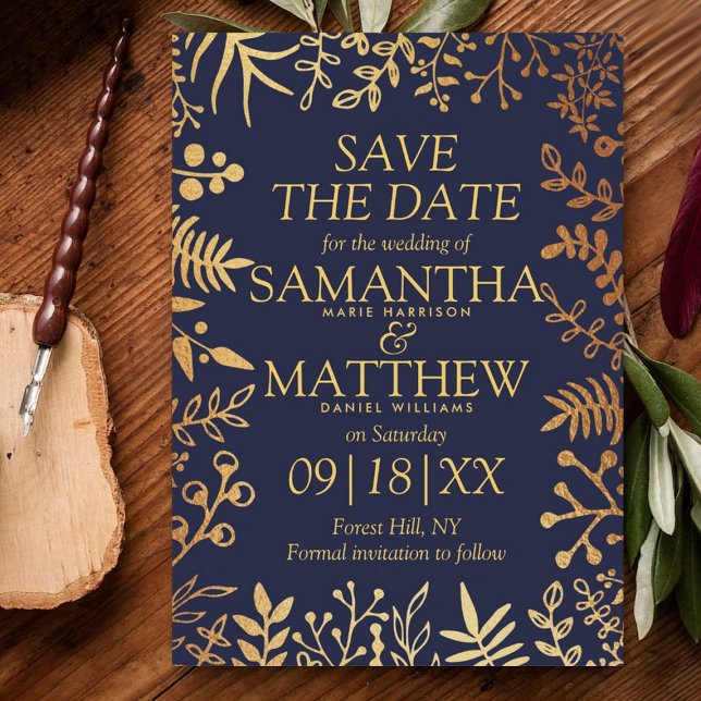 Elegant Navy & Gold Floral Wedding Save The Date (Creator Uploaded)