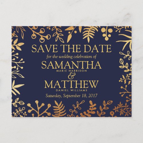 Elegant Navy  Gold Floral Wedding Save The Date Announcement Postcard