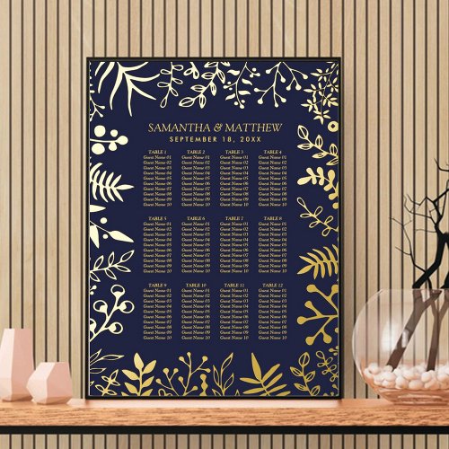 Elegant Navy  Gold Floral Wedding Seating Chart