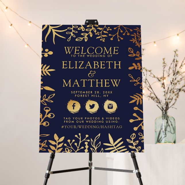 Elegant Navy & Gold Floral Wedding Welcome Foam Board (In Situ (Stand))