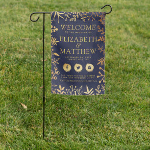 Elegant Navy & Gold Floral Wedding Welcome Garden Flag