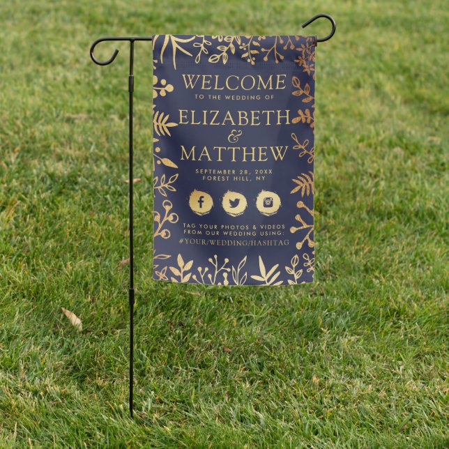 Elegant Navy & Gold Floral Wedding Welcome Garden Flag (In SItu)
