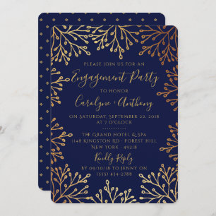 Elegant Navy & Gold Foil Floral Engagement Party Invitation