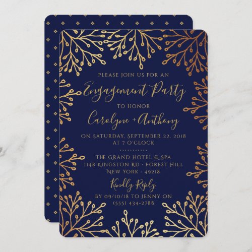 Elegant Navy  Gold Foil Floral Engagement Party Invitation