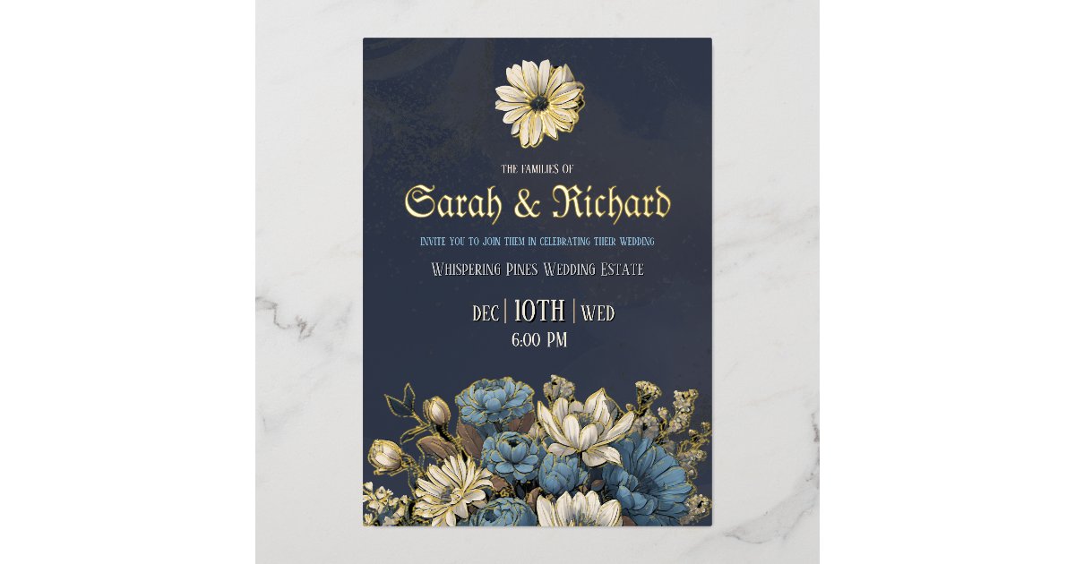 Elegant Navy & Gold Foil Floral Wedding Foil Invitation | Zazzle