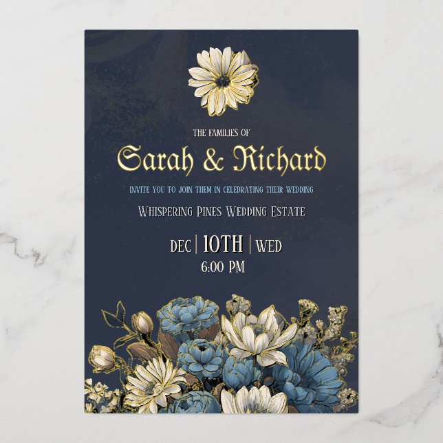 Elegant Navy & Gold Foil Floral Wedding Invitation (Front)