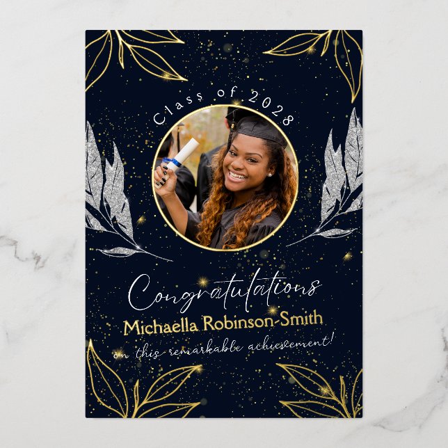 Elegant Navy Gold Foil Graduation Announcement (Front)