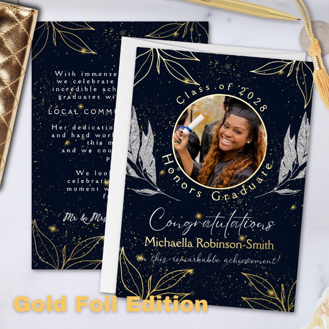 Elegant Navy Gold Foil Graduation Announcement (Creator Uploaded)