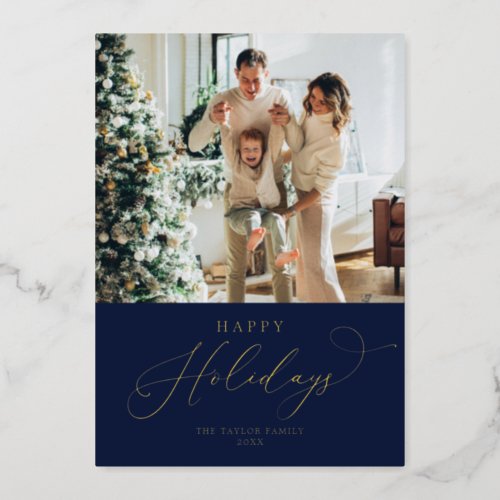 Elegant Navy Gold Foil Happy Holidays Christmas Foil Holiday Card