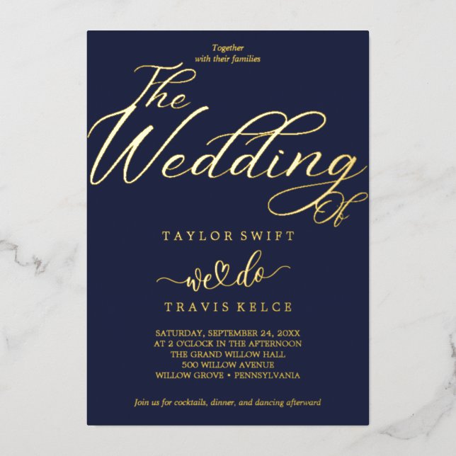 Elegant Navy & Gold Foil Wedding  Invitation (Front)