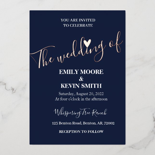 Elegant navy gold foil white letters foil invitation (Front)