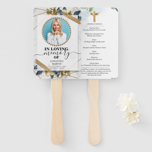 Elegant Navy Gold Funeral Celebration of Life Hand Fan (Front and Back)