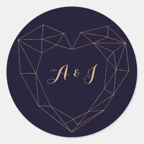 Elegant Navy Gold Geometric Heart Frame Wedding Classic Round Sticker