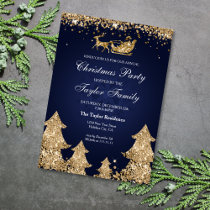 Elegant Navy Gold Glitter Christmas Tree Party Invitation