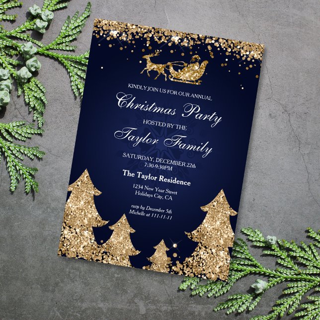 Elegant Navy Gold Glitter Christmas Tree Party Invitation (Creator Uploaded)