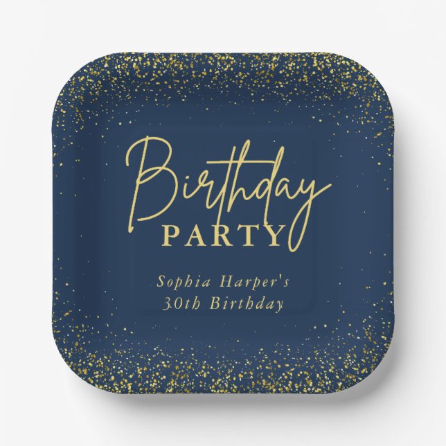 Elegant Navy Gold Glitter Confetti Birthday Party Paper Plates (Front)