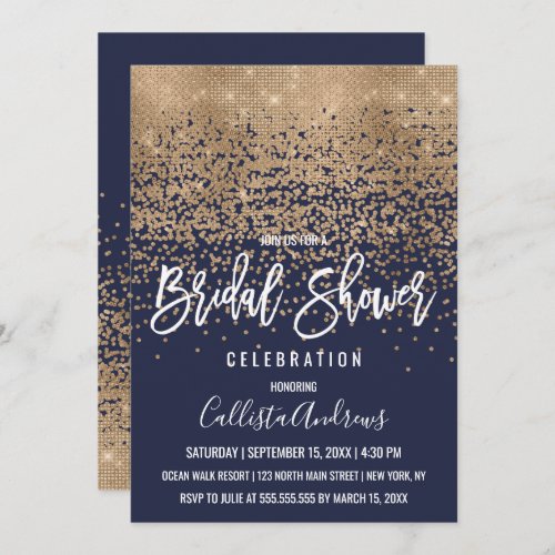 Elegant Navy Gold Glitter Confetti Bridal Shower Invitation