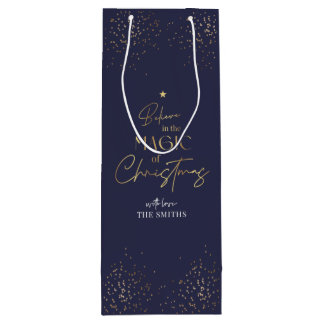 Elegant Navy & Gold Glitter Family Name Christmas Wine Gift Bag
