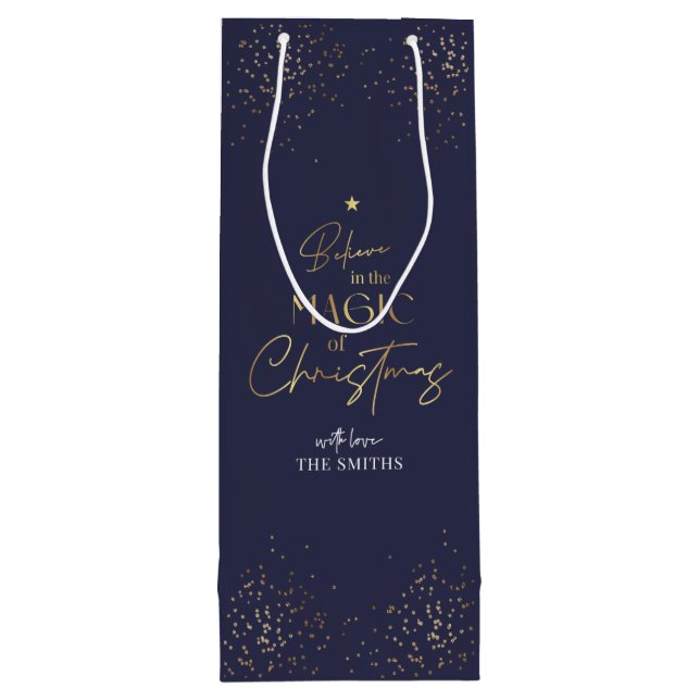 Elegant Navy & Gold Glitter Family Name Christmas Wine Gift Bag (Back)