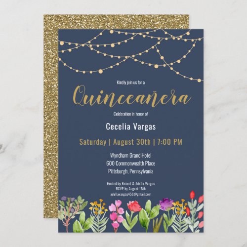 Elegant NavyGold Glitter Floral Quinceanera Invitation