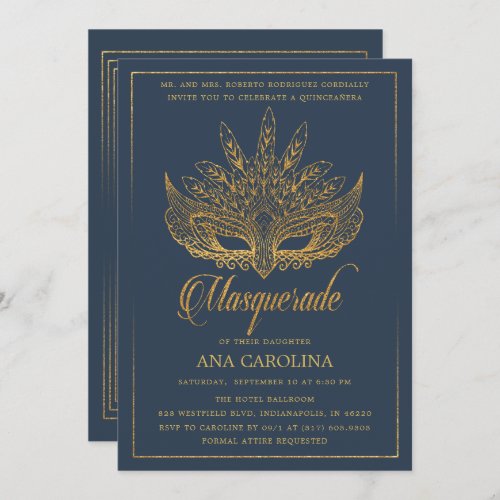 Elegant Navy Gold Glitter Masquerade Quinceaera Invitation