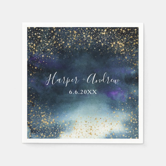 Elegant Navy Gold Glitter Wedding Napkins (Front)