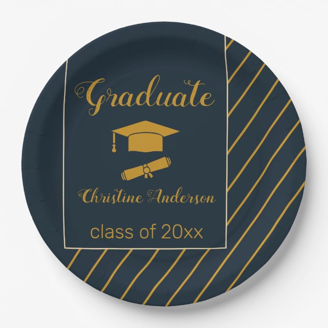 elegant navy gold graduate cap simple graduation  paper plates (Front)