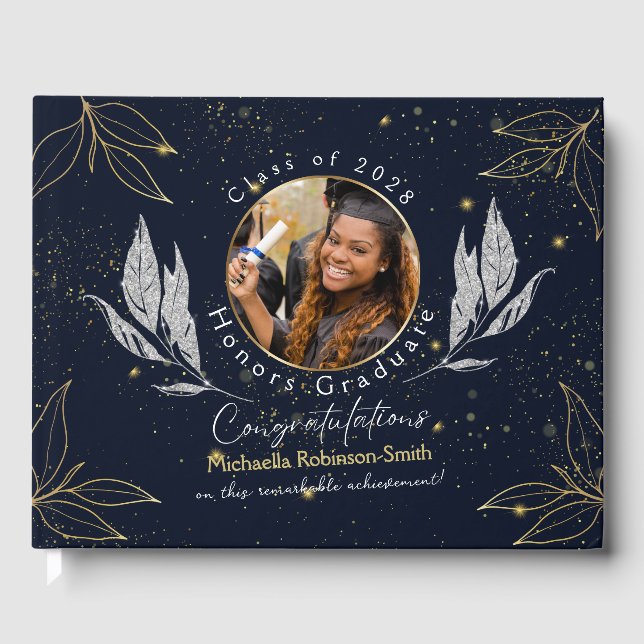 Elegant Navy Gold Graduation  Guest Book (Front)