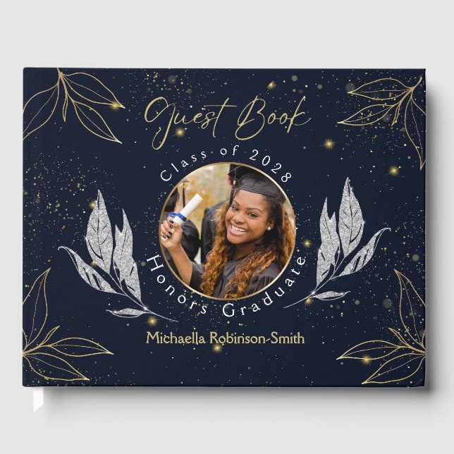 Elegant Navy Gold Graduation  Guest Book (Front)