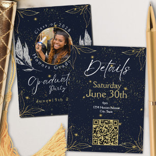 Elegant Navy Gold Graduation Party QR Code Enclosure Card