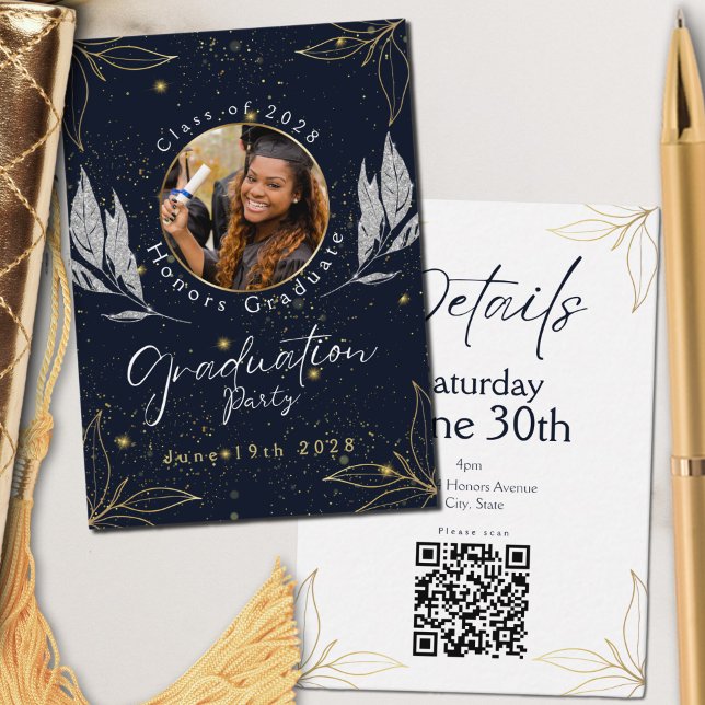 Elegant Navy Gold Graduation Party QR Code Enclosure Card (Creator Uploaded)