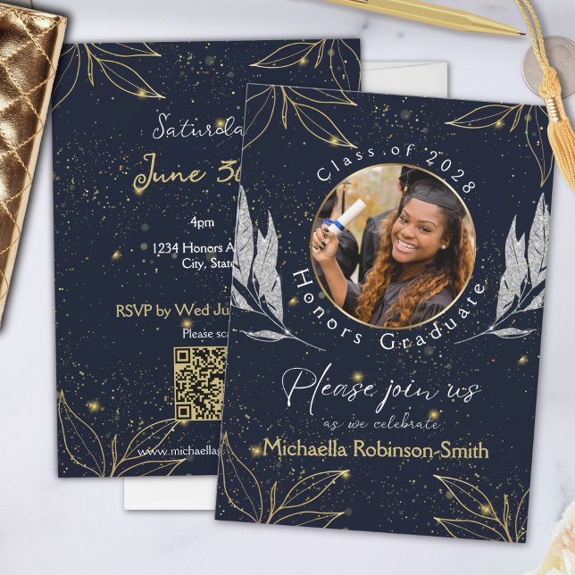 Elegant Navy Gold Graduation Party QR Code Invitation (Creator Uploaded)