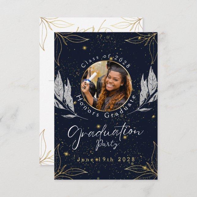 Elegant Navy Gold Graduation Party RSVP Card (Front/Back)