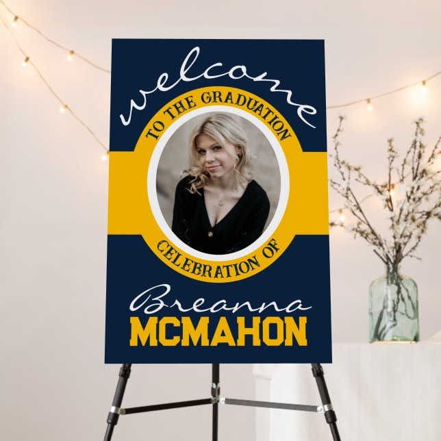 Elegant Navy & Gold Graduation Photo Welcome Foam Board (In Situ (Stand))