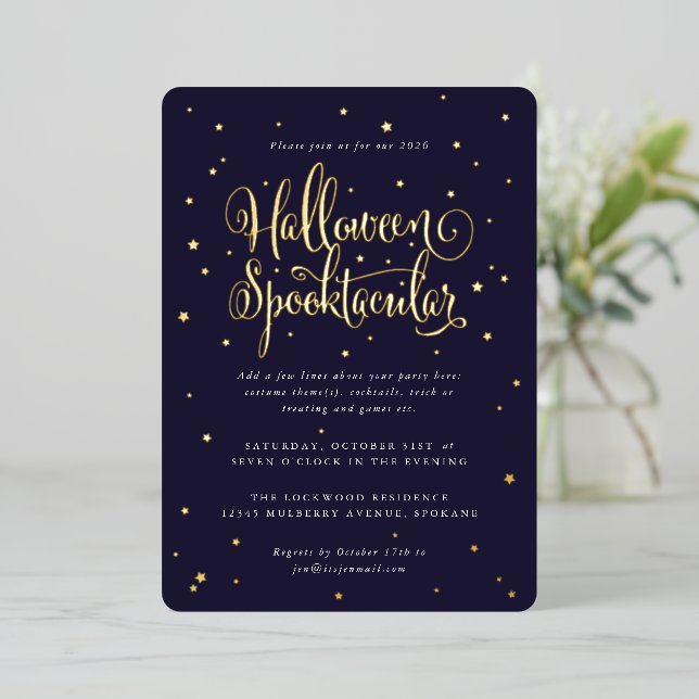 Elegant Navy/Gold Halloween Spooktacular + Stars Foil Invitation (Standing Front)
