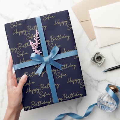 Elegant Navy Gold Happy Birthday Personalized Gift Wrapping Paper