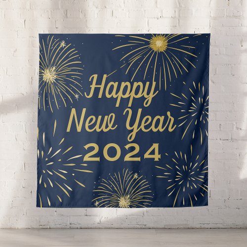 Elegant Navy Gold Happy New Year 2024 Backdrop